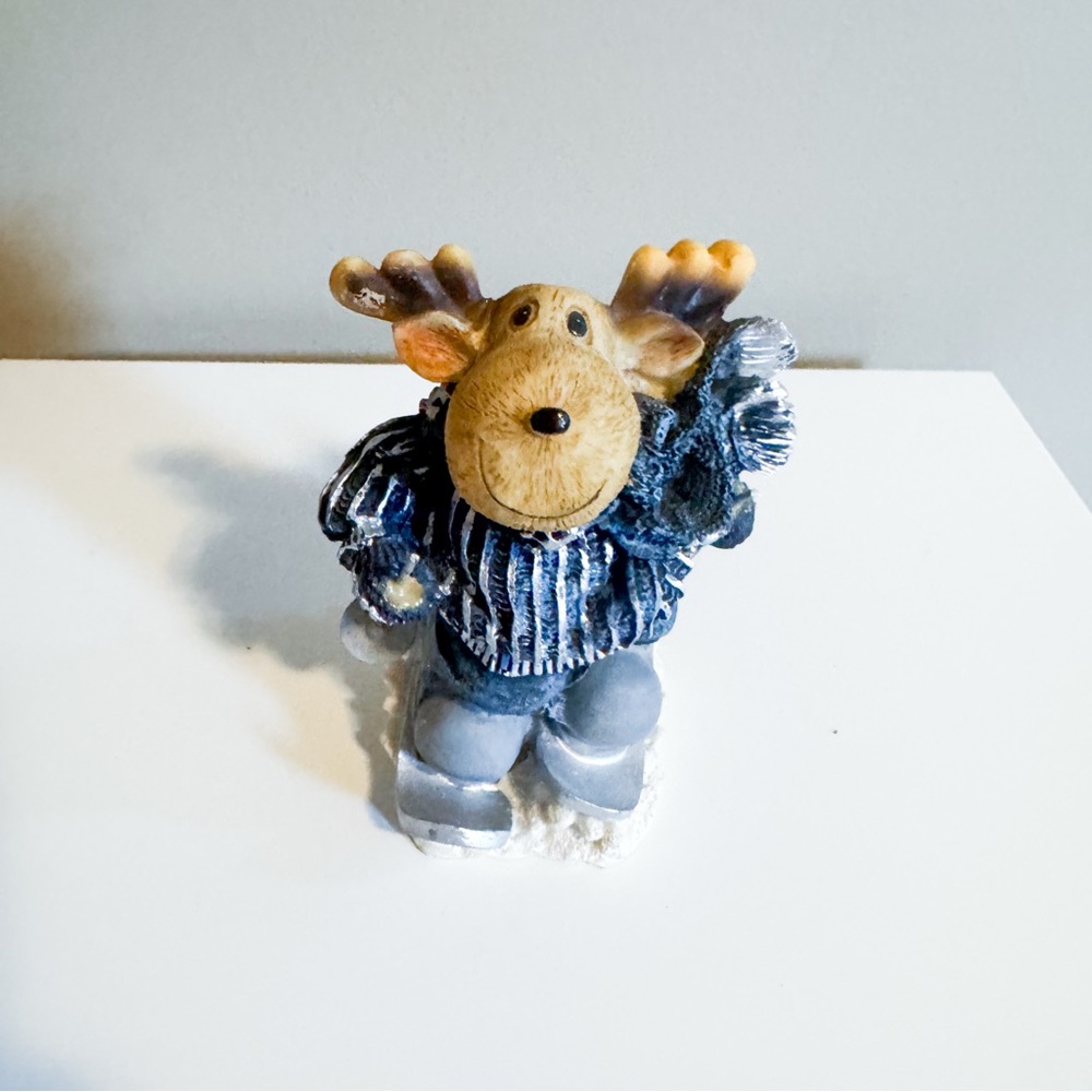 Cute Moose Christmas Holiday Figurine in Blue Sweater Seasonal Holiday Decor